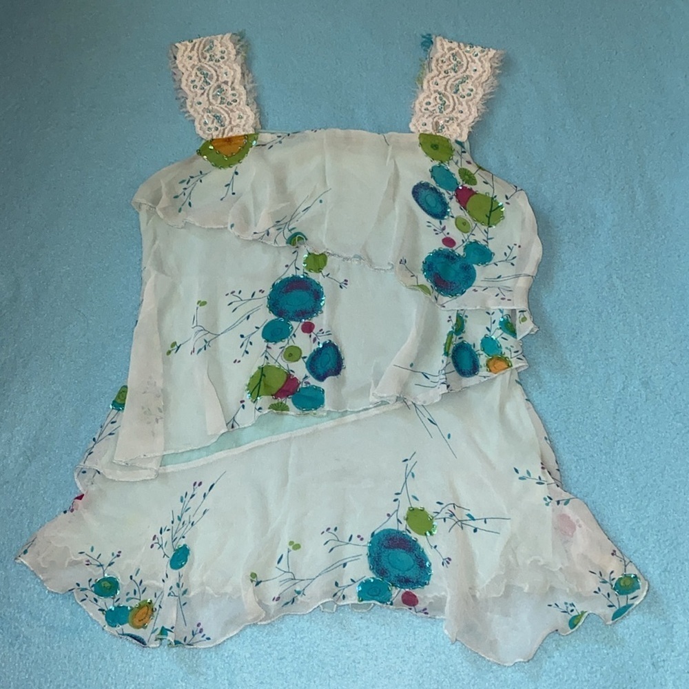 MISOMISO silk tiered sequence beaded tank top flowy floral scalloped NEW size L